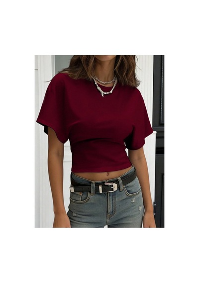 Cool Tarz Kadın Yarasa Kol Belden Oturtmalı Pamuklu T-shirt Bordo Bordo