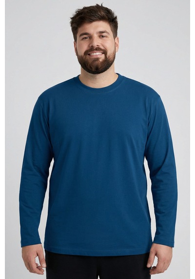 Tommy Life İndigo O Yaka Rahat Form Battal Büyük Beden Uzun Kollu Erkek T-shirt - 88107