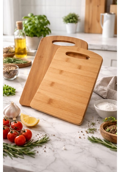 Makri Home İkili Bambu Kesim Panosu Seti, Küçük Boy: 28 20 Cm, Büyük Boy: 33 24 Cm Bambu