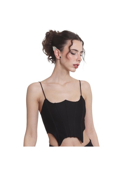 Kadın Gümüş Renk Lak Kaplama Taşlı Yaprak Stilizesi Sağ Kulak Earcuff & Kıkırdak Küpe Çok Renkli