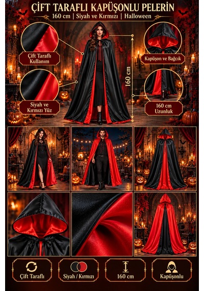 Halloween Çift Taraflı Siyah Kırmızı Kapüşonlu Cadı Pelerini 160 Cm Cadılar Bayramı İçin Kostüm