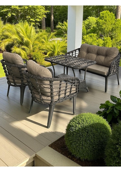 Tu Tienda Kartepe 2 1 1 Sehpa 60 90 Rattan Bahçe Balkon Takimi,antrasit Rattan/gri Kumaş Gri