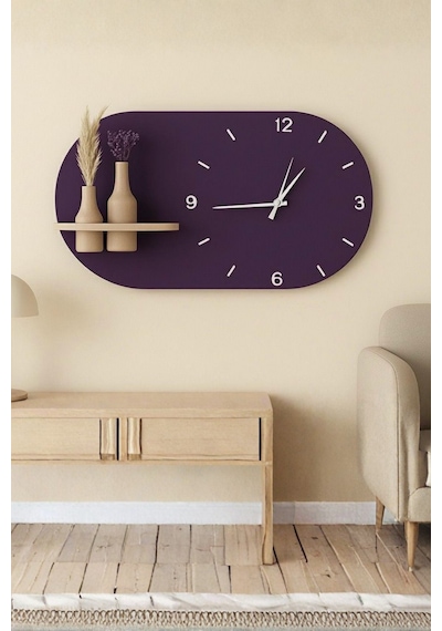 Modern Tasarım Raflı Nera Duvar Saati 60x35 Mor