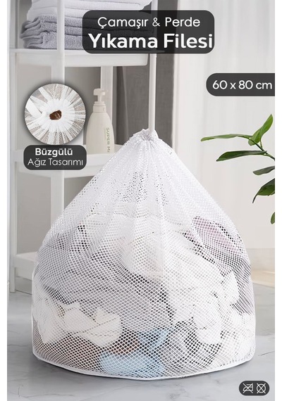 1 Adet Perde Ve Çamaşır Yıkama Filesi - Büyük Boy İpli Yıkama Filesi 60x80 Cm Beyaz