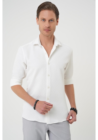 Efor Slim Fit Gofre Kumaş Desenli Kısa Kol Beyaz Gömlek G 1592 Beyaz