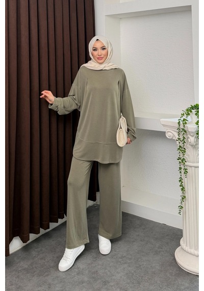 Mihran Butik Kalina Model İthal Pike Kumaş Cep Detaylı Kadın Takım Haki