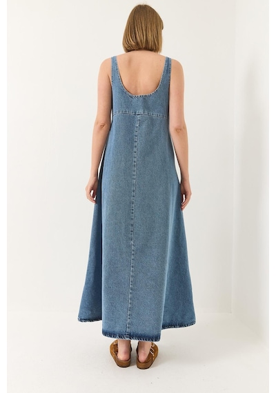 Kadın Geniş Yaka Askılı Kloş Denim Elbise 6069 60281038 - Buz Mavisi