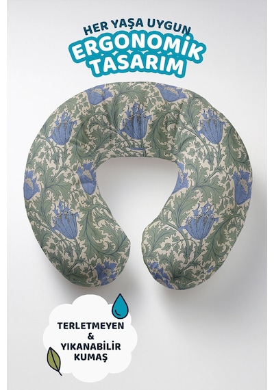 Vintage Çiçek Desenli Pamuklu Boyun Yastığı - Klasik Mavi Yeşil Yumuşak Seyahat Yastığı Toprak Aqua