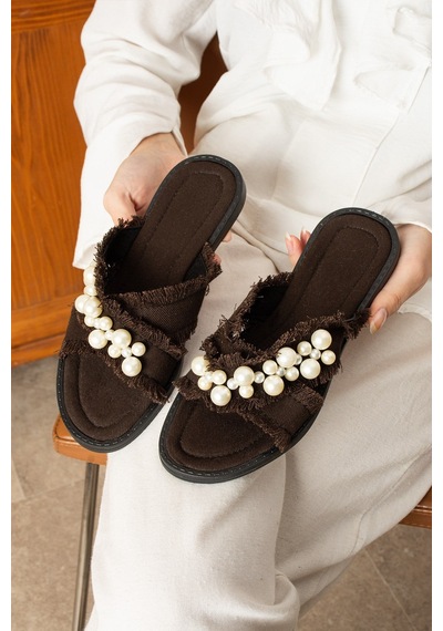Dabab Shoes Mırella Kadın İncili Hasır Dokulu Acı Kahve Düz Şık Terlik Acı Kahverengi