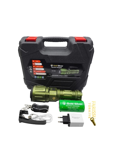 Gold Silver Gs-15050 Profesyonel Şarjlı El Feneri - 14.000 Lümen / 32.000 Mah Dev Batarya Siyah