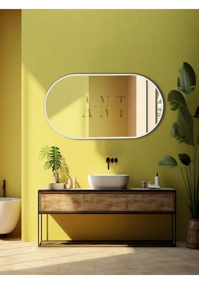 Ant Home Dekoratif Ayna, Duvar Aynası, Konsol Aynası, Mdf, Elips Ayna, Çerçeveli Ayna 80x40 Cm Beyaz
