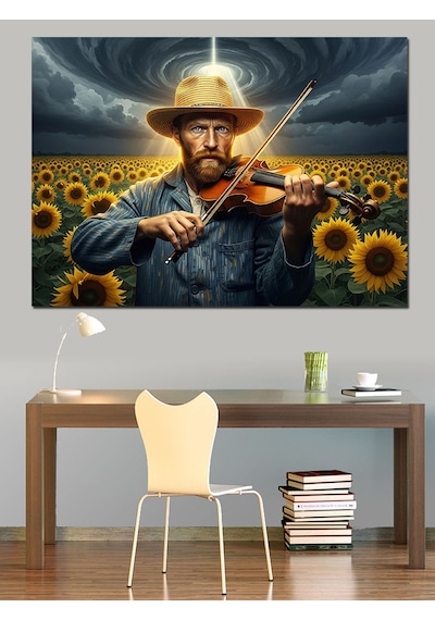 Çiçek Tarlasında Keman Çalan Van Gogh Dekoratif Kanvas - Mdf Ahşap Tablo