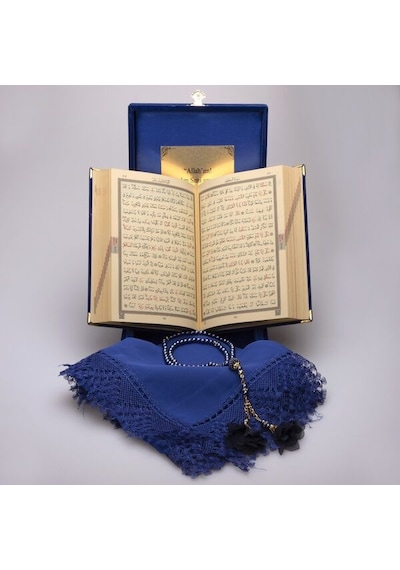 Plaket Kutulu Kur'an-ı Kerim Seti - Mavi Mevlit Örtü Tespih