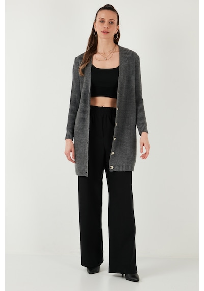 Lela Regular Fit V Yaka Düğmeli Triko Örme Uzun Bayan Hırka 4615044 Koyu Gri
