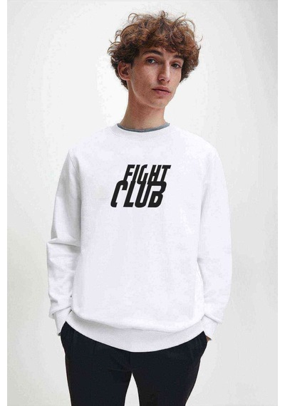 Fight Club Logo Baskılı Beyaz Erkek Örme Sweatshirt