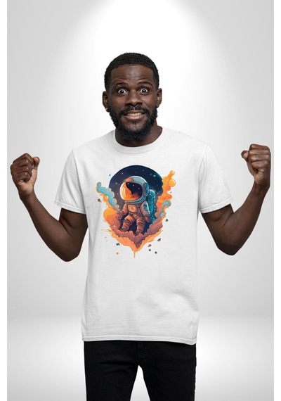 Bulutlar Astronot Uzay Unisex Unisex Beyaz Organik Baskılı T-shirt Penye Yüksek Kalite Beyaz