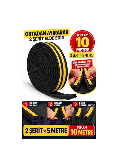 Siyah Kapı Pencere Yalıtım Bandı 10 Metre, Kendinden Yapışkanlı Çift Kanallı Pvc İzolasyon Fitili, R