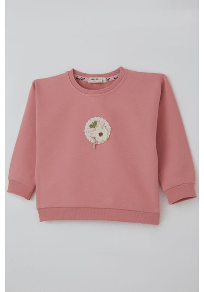 Breeze Kız Çocuk Sweatshirt Triko Çiçek Aplike Armalı 2-6 Yaş, Gülkurusu