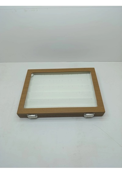 Cam Kapaklı Deri Kumaş Kahve-beyaz Renk 34 Cm / 24 Cm Küpe Sergileme Standı