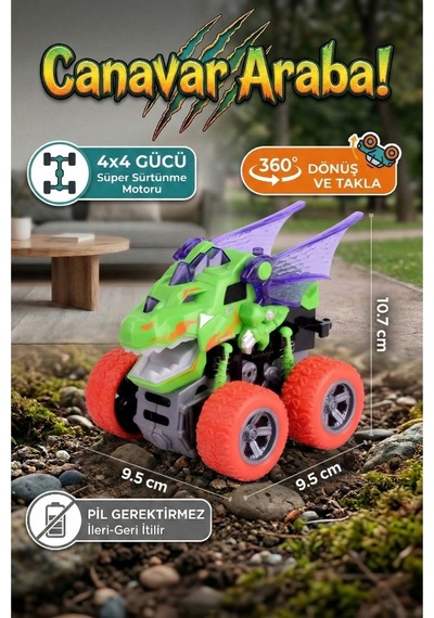 Ejderha Temalı Canavar Araba Seti - 360 Derece Takla Atan Atalet Motorlu Monster Truck Oyuncak Çok Renkli