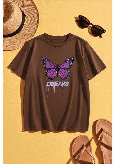 Uyguntarz Unisex Dream Butterfly Tasarım Tshirt Kahverengi