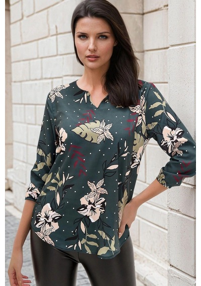 WeShaya Petrol Yeşili, Floral Desenli, Lastikli Uzun Kol, Bluz Petrol