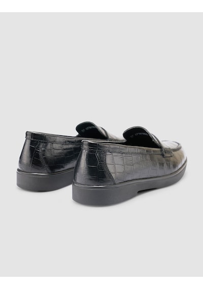 %100 Hakiki Deri Siyah Croco Desen Kadın Loafer Siyah