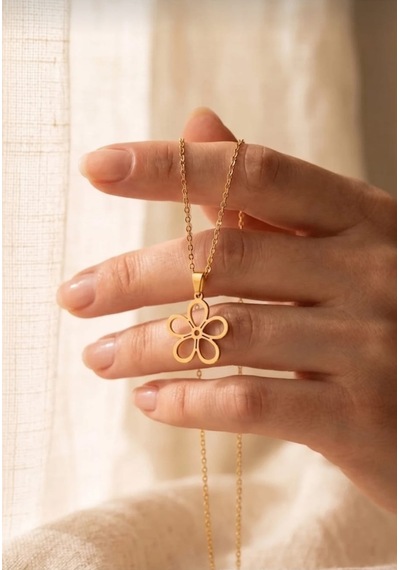 Lunarie Çizgisel Çiçek Figürlü Kolye 14k Gold Kararmaz Çelik Altın