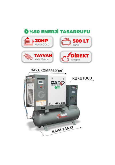 Hava Kompresörü Depo Üstü İnvertörlü Vidalı 20hp 500lt Gpv20e