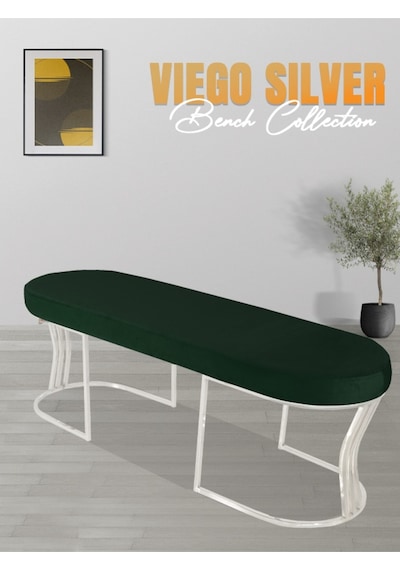 Viego Silver Smooth- Yeşil Kapitoneli Model Puf & Bench & Koltuk- Oturak-uzun Makyaj Puff-yatak Odası Ucu &önü