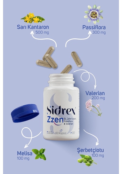 Sidrex Zzen Passiflora Valerian ve Sarı Kantaron İçeren Takviye Edici Gıda 60 Kapsül