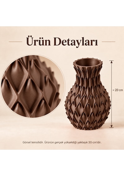 Yaprak Kabartmalı Dekoratif Vazo 20 Cm Kuru Çiçek Ve Pampas Vazosu Kahverengi