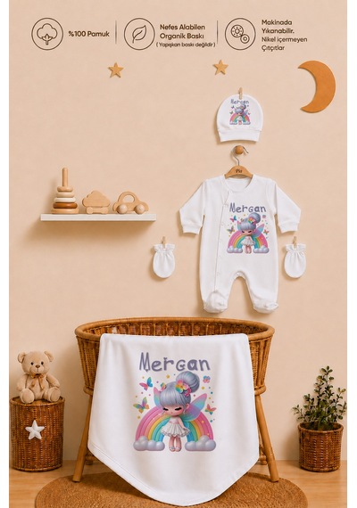 Pia Baby İsme Özel %100 Pamuk Kız Bebek Yastık Battaniyeli Tulum Set Kese Hediyeli 1084tybkyx Krem