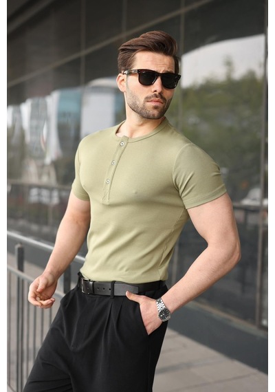Madmext Mint Yeşili Yarım Düğmeli Slim Fit Erkek Tişört E7186