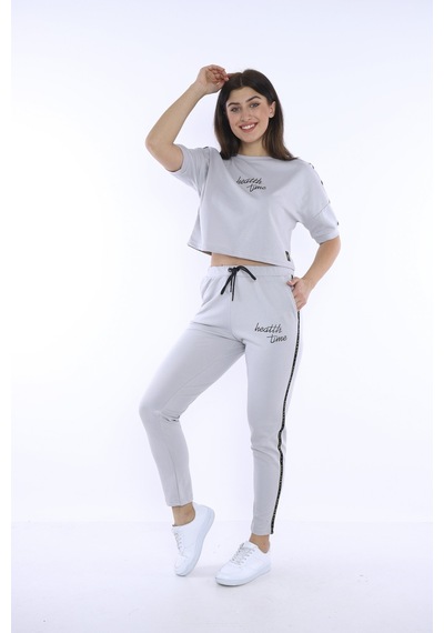 Kadın-alt-üst T-shirt Takım, Rahat Kesim-3826 - S Gri