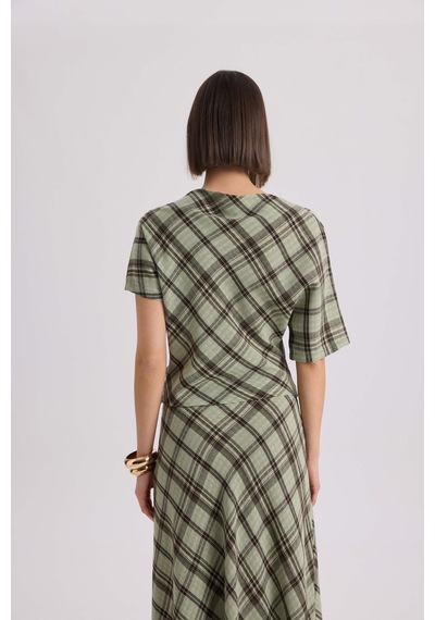 Mai Collection Petunya Ekoseli Yeşil Crop Etek Takım Yeşil