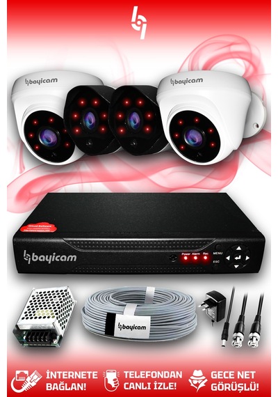 Bayicam 4 Kameralı Uzay 2 İç Kamera Set HDD'siz Full HD Gece Görüşlü Güvenlik Kamerası Sistemi
