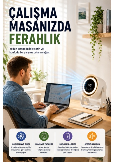 6 Kademeli Şarjlı Masaüstü Fan Dijital Ekranlı Led Işıklı Duvara Monte Askılı Mini Fan K6 Model