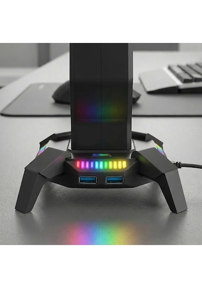 Rampage Rm-h27 Igrıs Kulaklık İçin Stand Rgb Işıklı 3 Usb 1 Type-c Siy