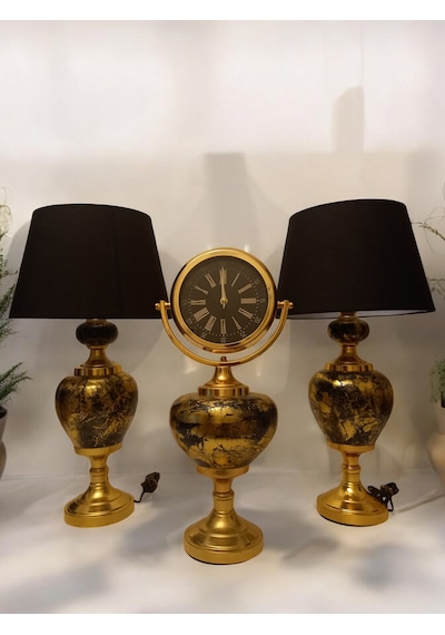 2'li Abajurlu Saatli Set Dekoratif Analog Saat - Gold Gold