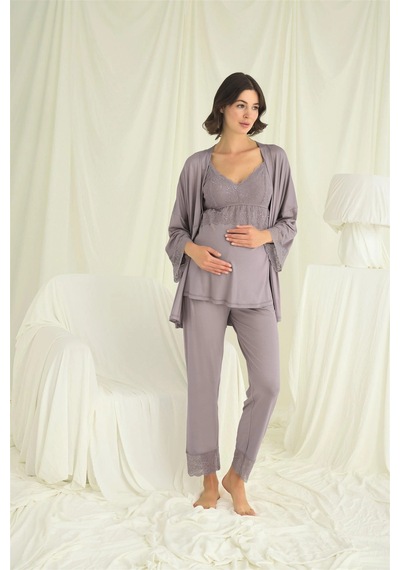 L'ombre Dantelli Hamile Lohusa 3lü Pijama Takımı