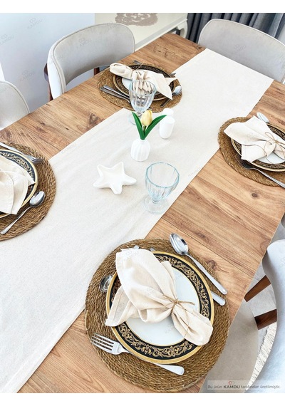 Şık Tasarım 40x150 Cm %100 Pamuk Ham Keten Amerikan Runner, Vintage Runner, Keten Amerikan Runner Bej