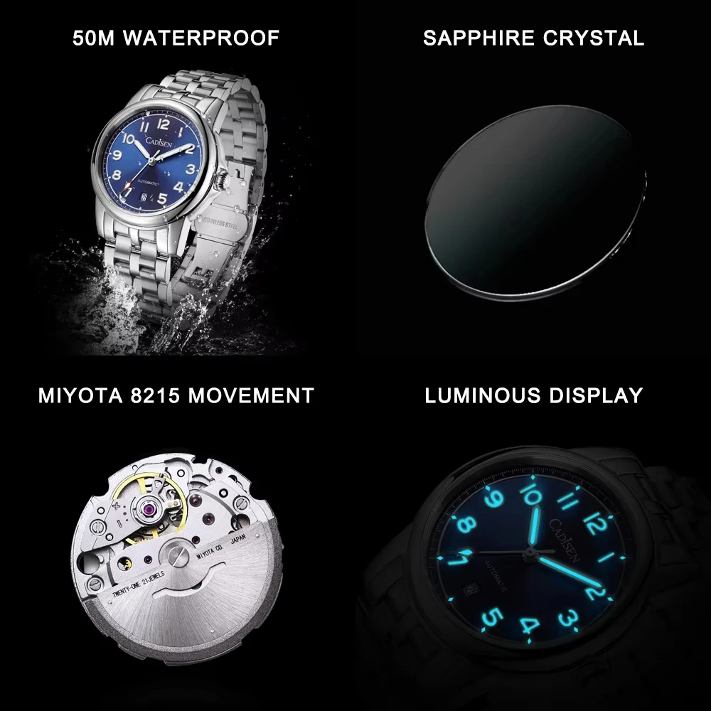 Cadisen C8235 Otomatik Erkek Kol Saati Safir Kristal Cam Miyota Mekanizma - Mavi Gümüş