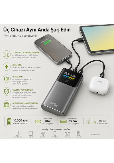 Sbs 10000 Mah Powerbank Dahili Usb-c Kablolu Lcd Ekranlı Pd 20w Hızlı Şarj Usb-a 22.5w Siyah 10.000 Mah