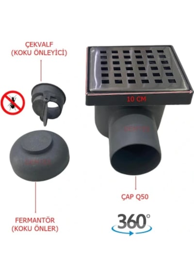 Paslanmaz Krom Izgaralı Koku Önleyici Çekvalfli 10x10 Yer Süzgeci 50 Mm Yandan Çıkış 1 Adet