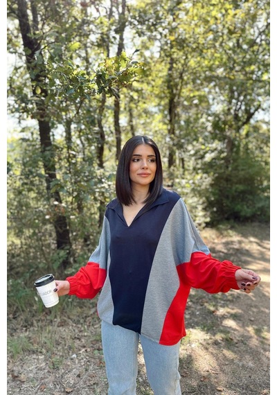 WeShaya Kadın Lacivert Polo Yaka, Yarasa Kol, Lastikli Manşet, Asimetrik Color Block, Salaş Sweatshirt Bluz Lacivert