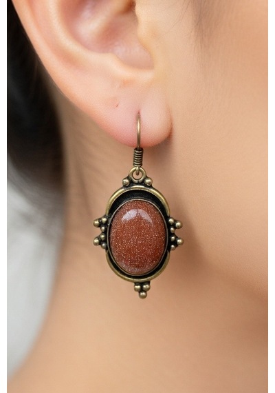 Vintage Tasarım Bronz Çerçeveli Yıldız Taşı Goldstone Kadın Küpe