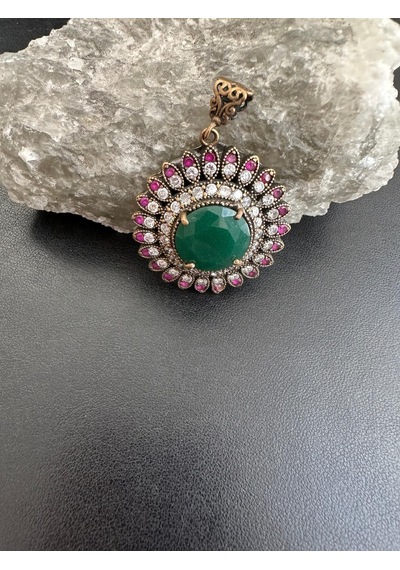 Aysesa Otantik El Yapımı Yakut Zümrüt ve Zirkon Taşlı Gümüş Kolye Ucu