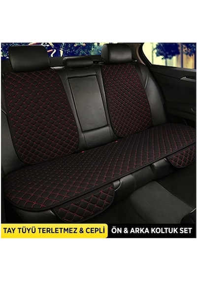 Tay Tüyü Cepli & Terletmez Sırtlı Oto Koltuk Minder Seti - Koltuk Koruma Kılıfı - Ön Ve Arka Koltuk Minder Set Siyah-kırmızı