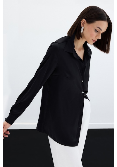 Sateen Oversize Saten Gömlek - Siyah